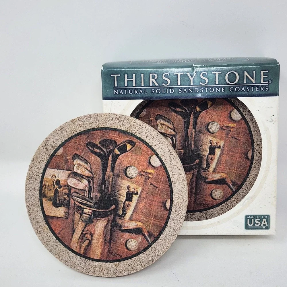 Thirstystone Natural Solid Sandstone Drink Coasters Golf Cork Backs Set of 4